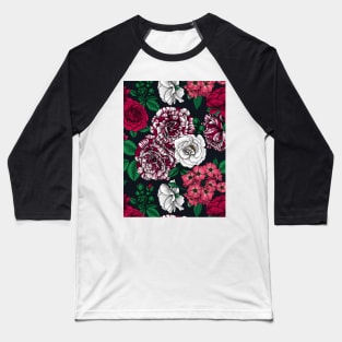 Red, white and bi-color roses with green leaves on black Baseball T-Shirt
